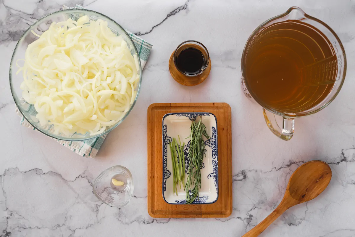 All the ingredients required to make keto French gathered and arranged on that table.