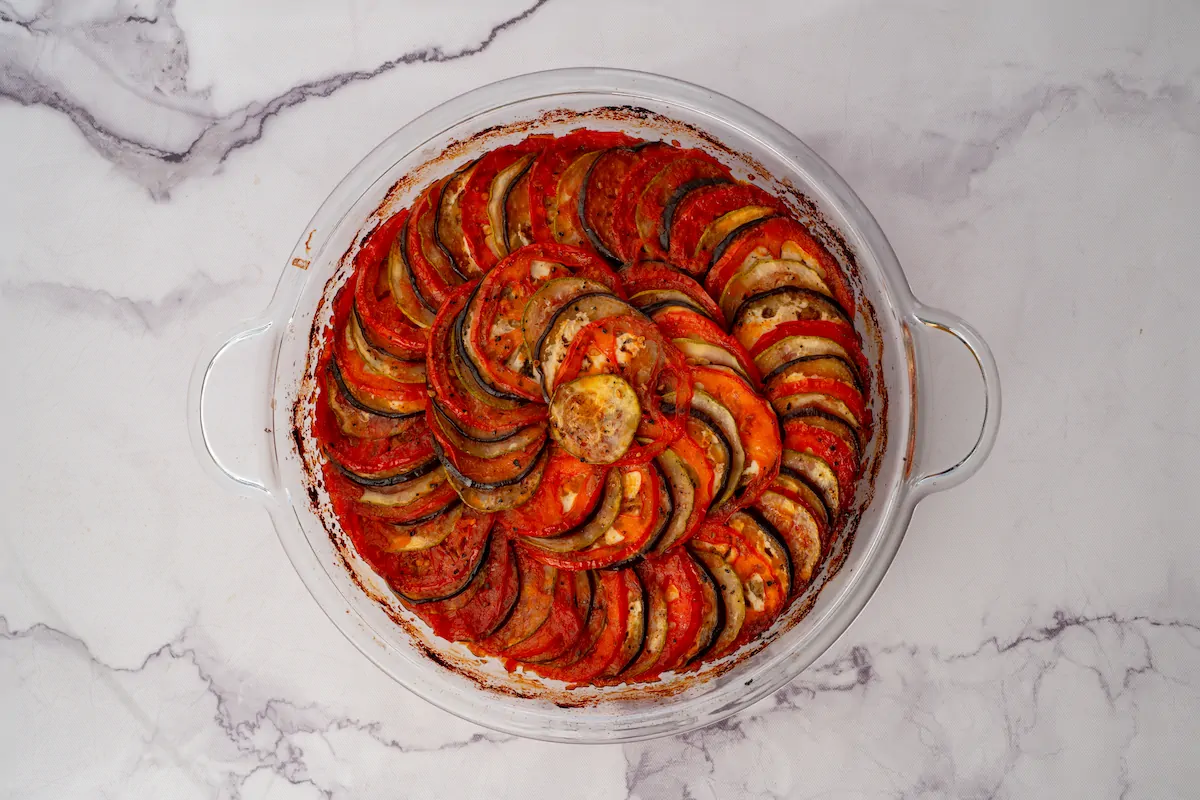 Baked keto ratatouille out of the oven ready to be served.