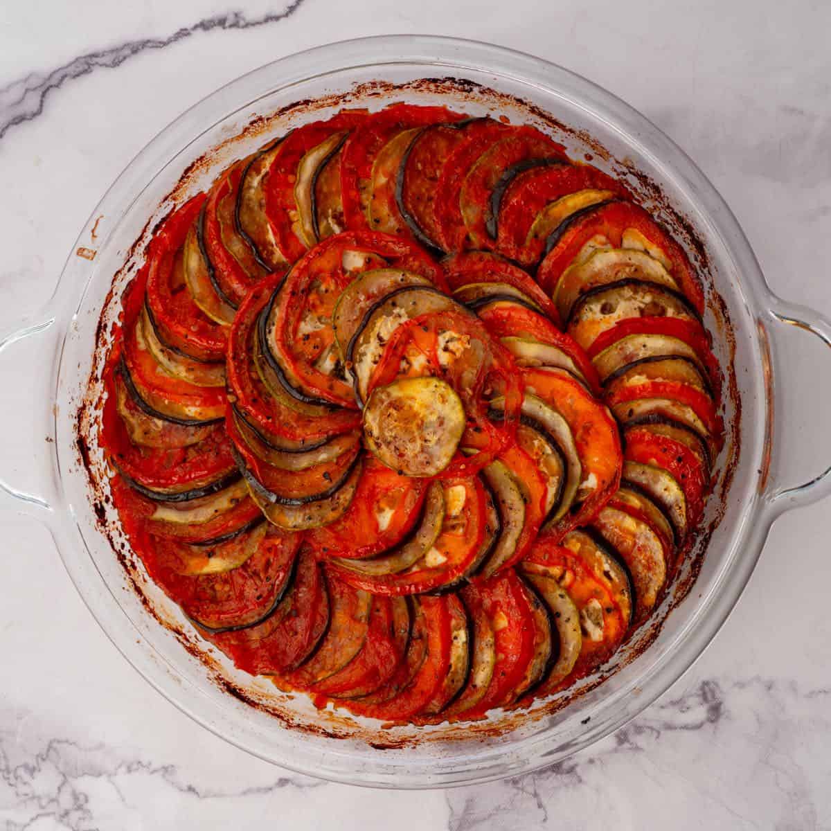 Low-carb ratatouille served on a plate with a fork.
