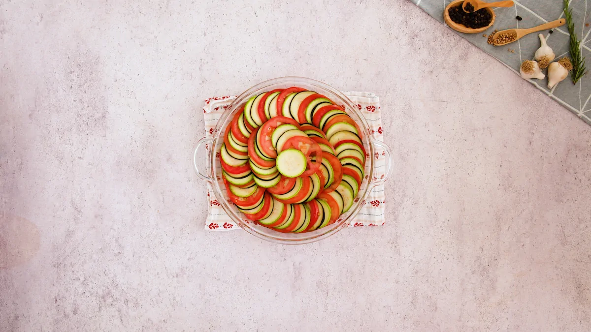 Keto ratatouille arranged and layered with sliced egg plant, tomato and zucchini.