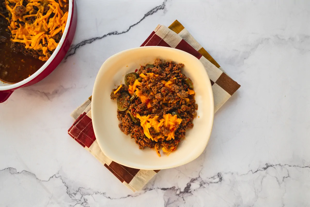 Homemade keto Tex-Mex recipe served in a white bowl.