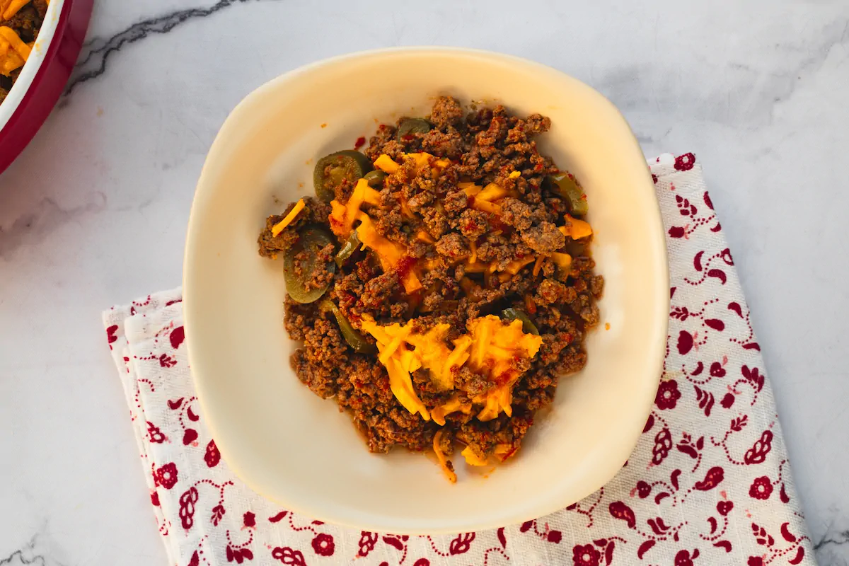 A bowl showcasing a homemade keto Tex-Mex casserole recipe.