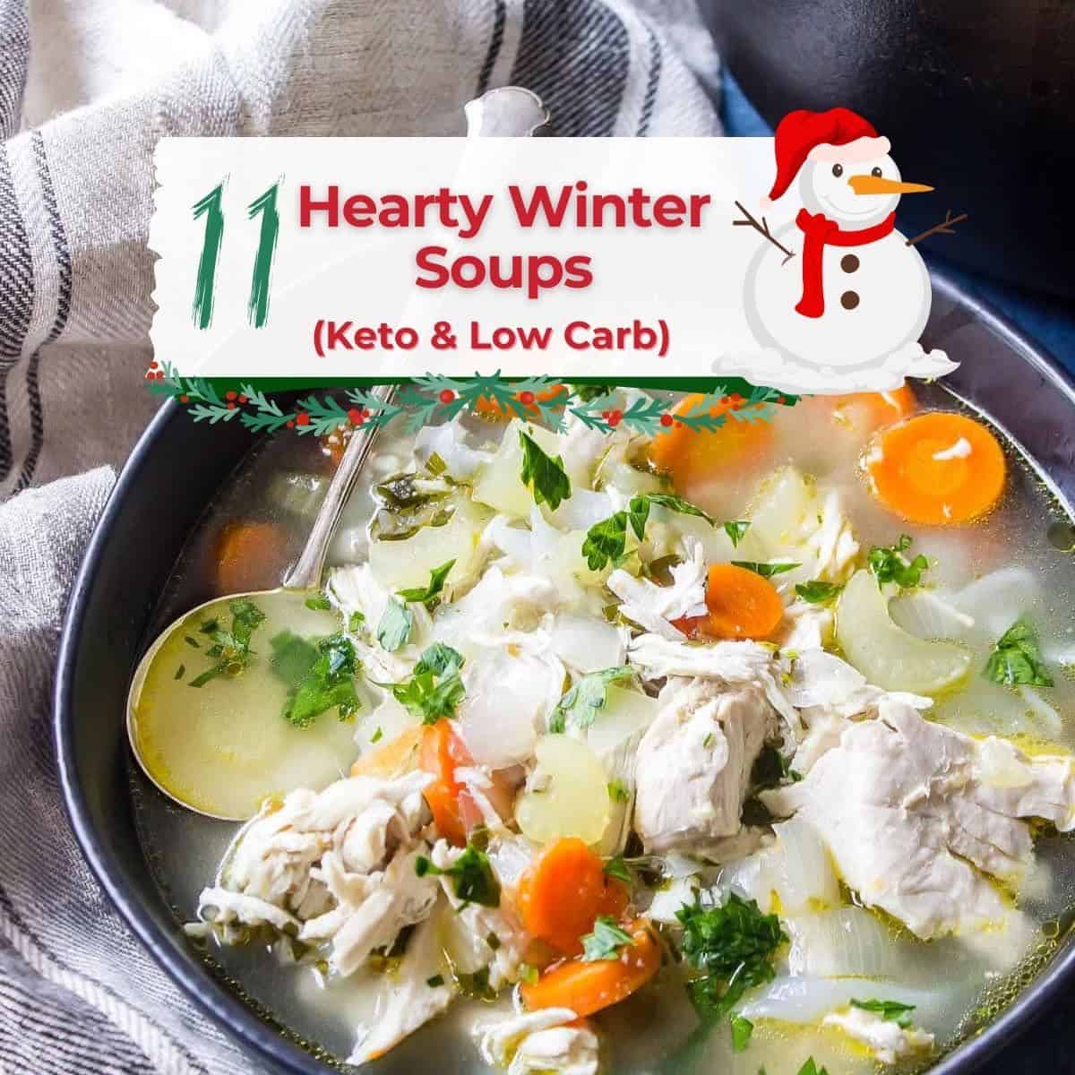 Keto chicken soup with colorful veggies served in a bowl with a spoon.