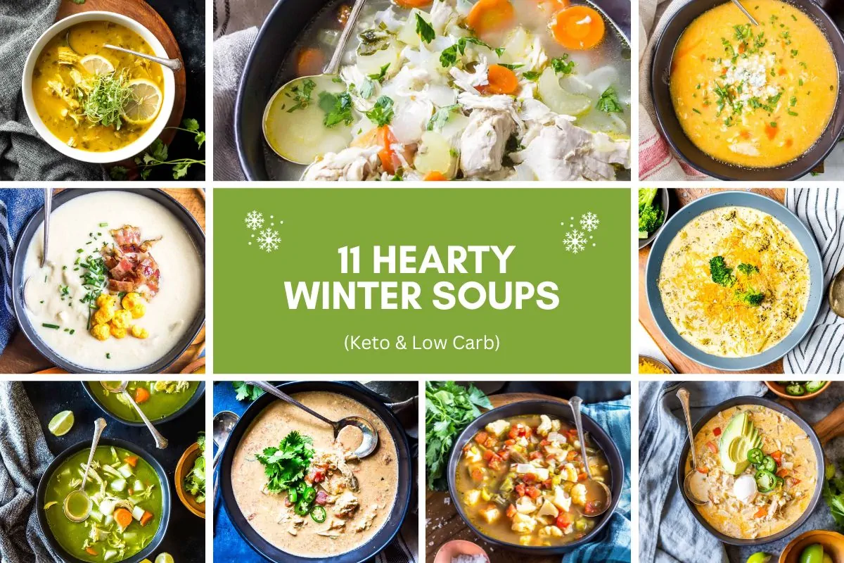 A collage featuring a variety of hearty winter soups.