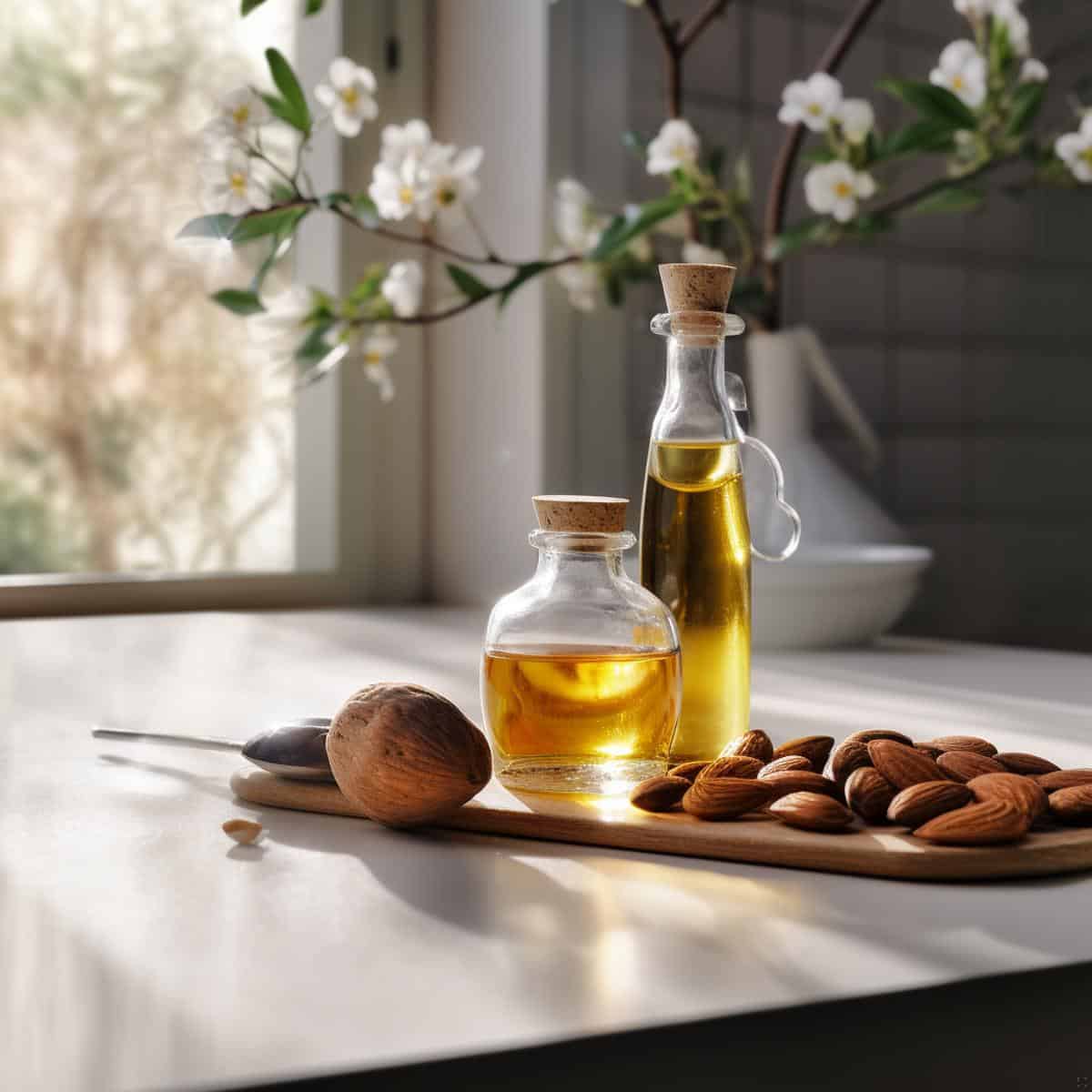 Almond Oil on a kitchen counter