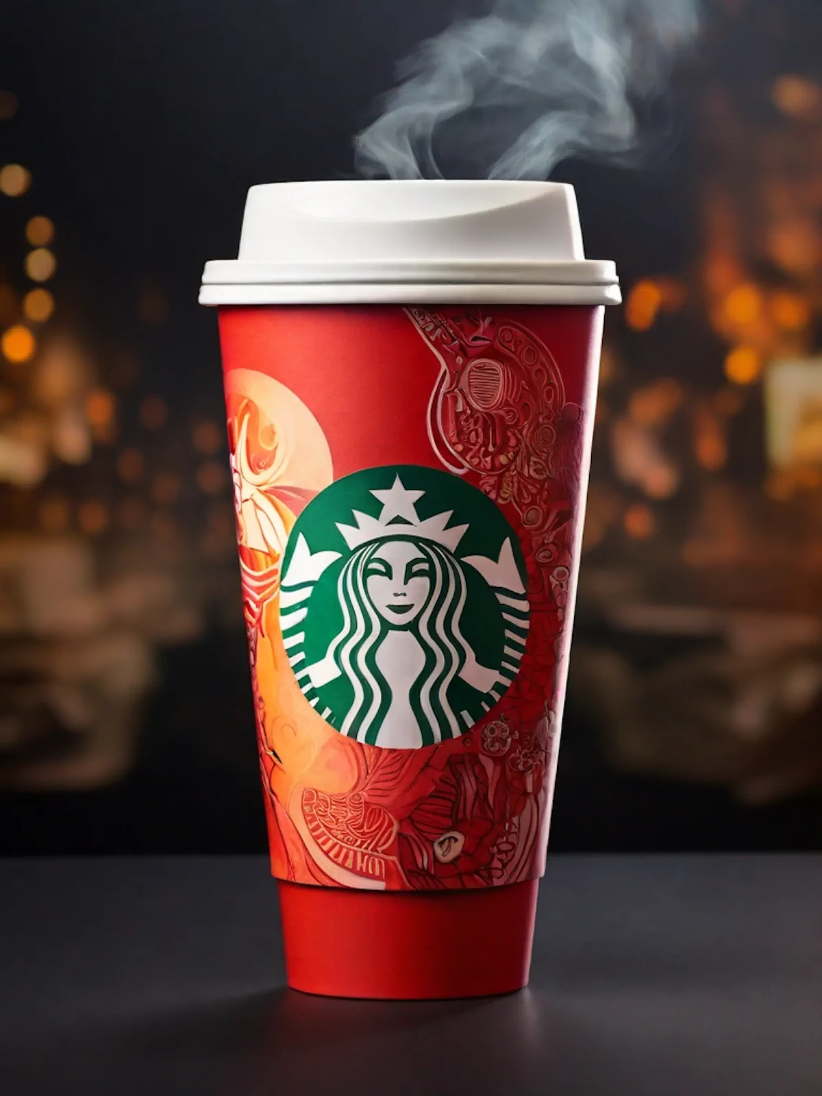 A red Starbucks takeaway cup with a steaming hot drink.