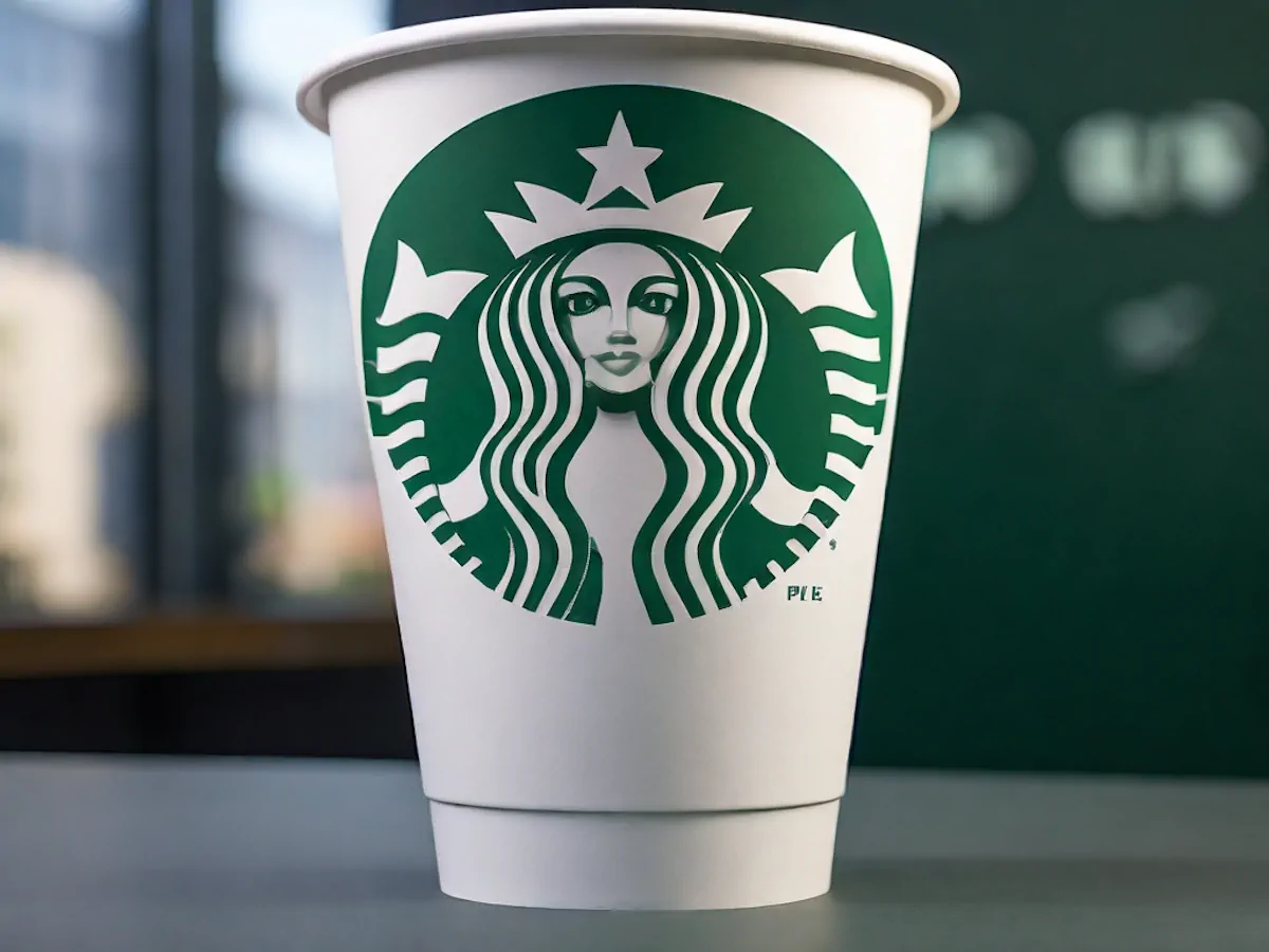 A close up shot of an iconic Starbucks takeaway paper cup.
