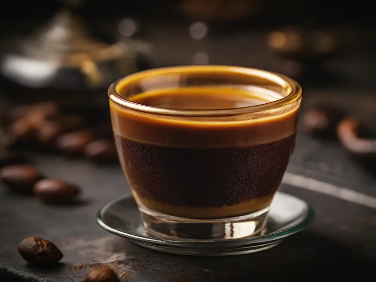 An espresso shot in a transparent cup.