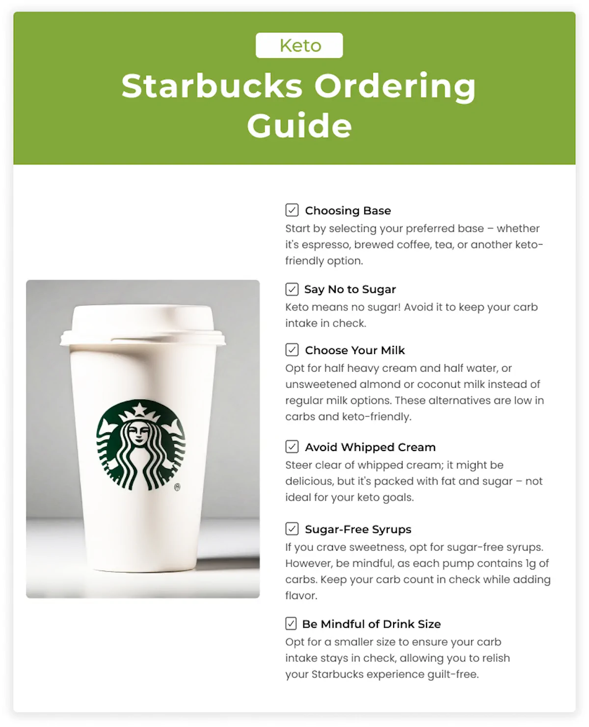 An image of Starbucks takeaway cup beside a list of things of things to do while ordering at Starbucks.