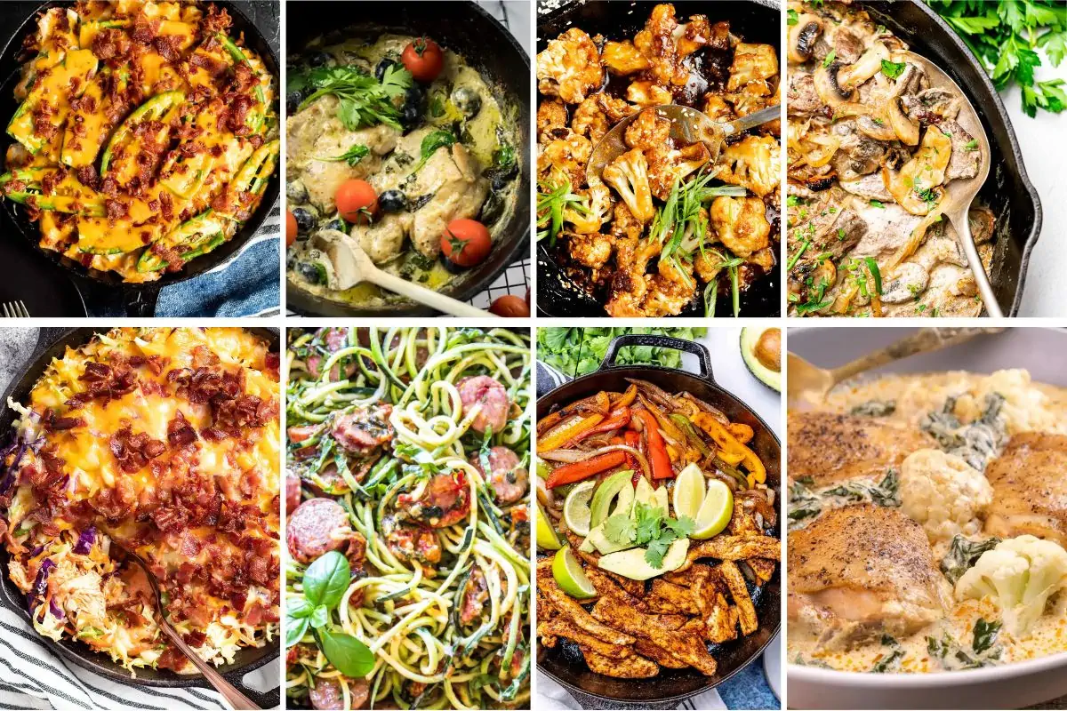A photo collages of one pan meals presented on a pan.
