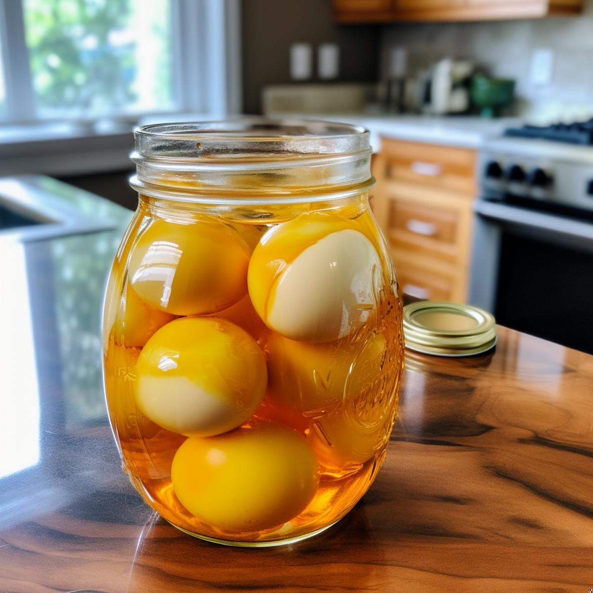 Pickled Eggs on a kitchen counter