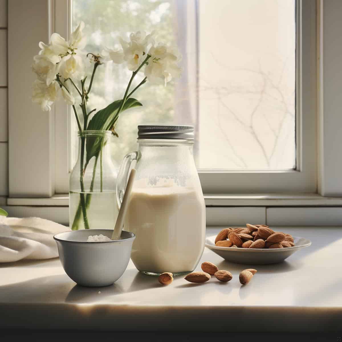 Almond Milk on a kitchen counter