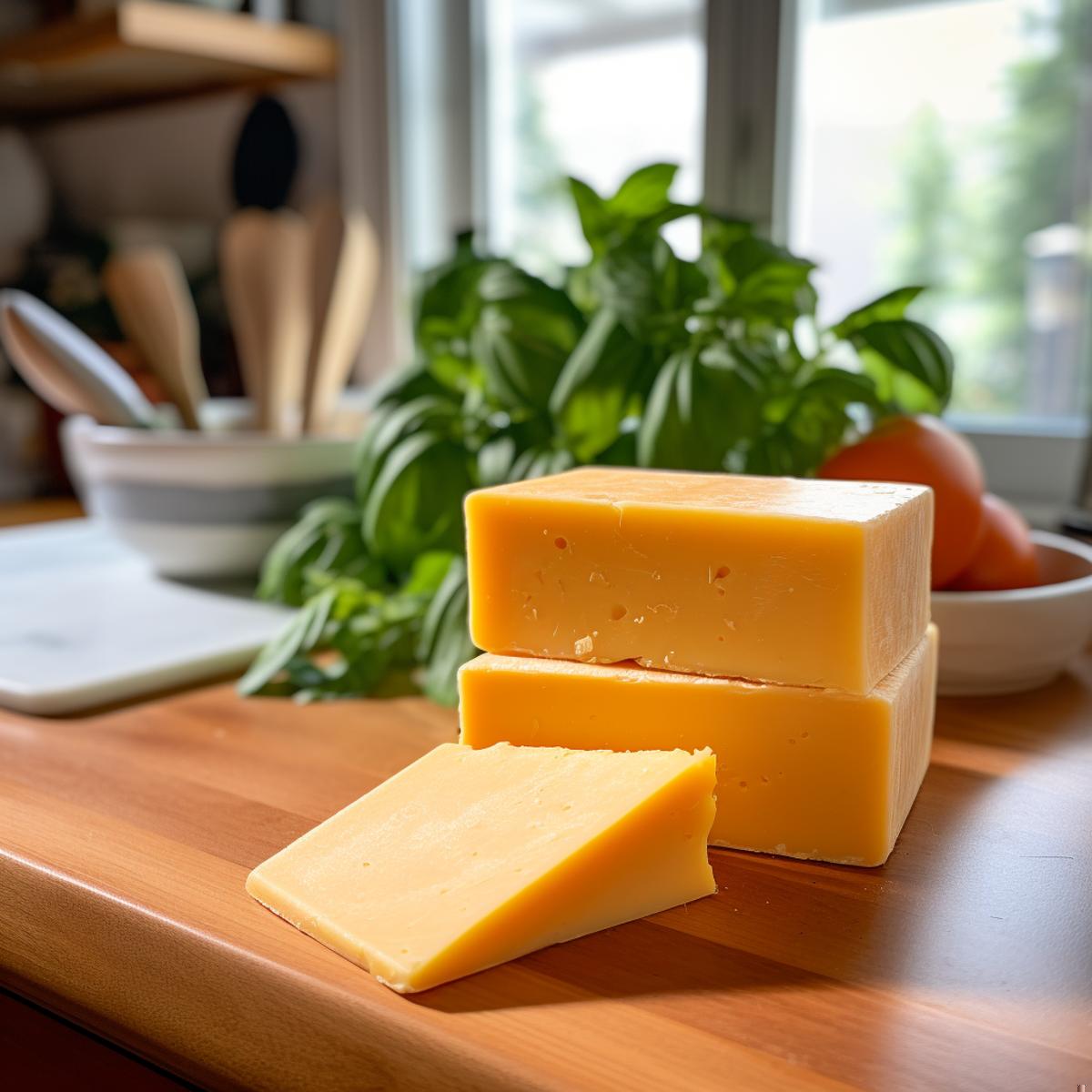Cheddar Cheese on a kitchen counter