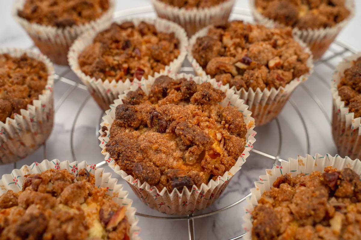 A close-up photo of gluten-free almond flour muffins amid other similar muffins.