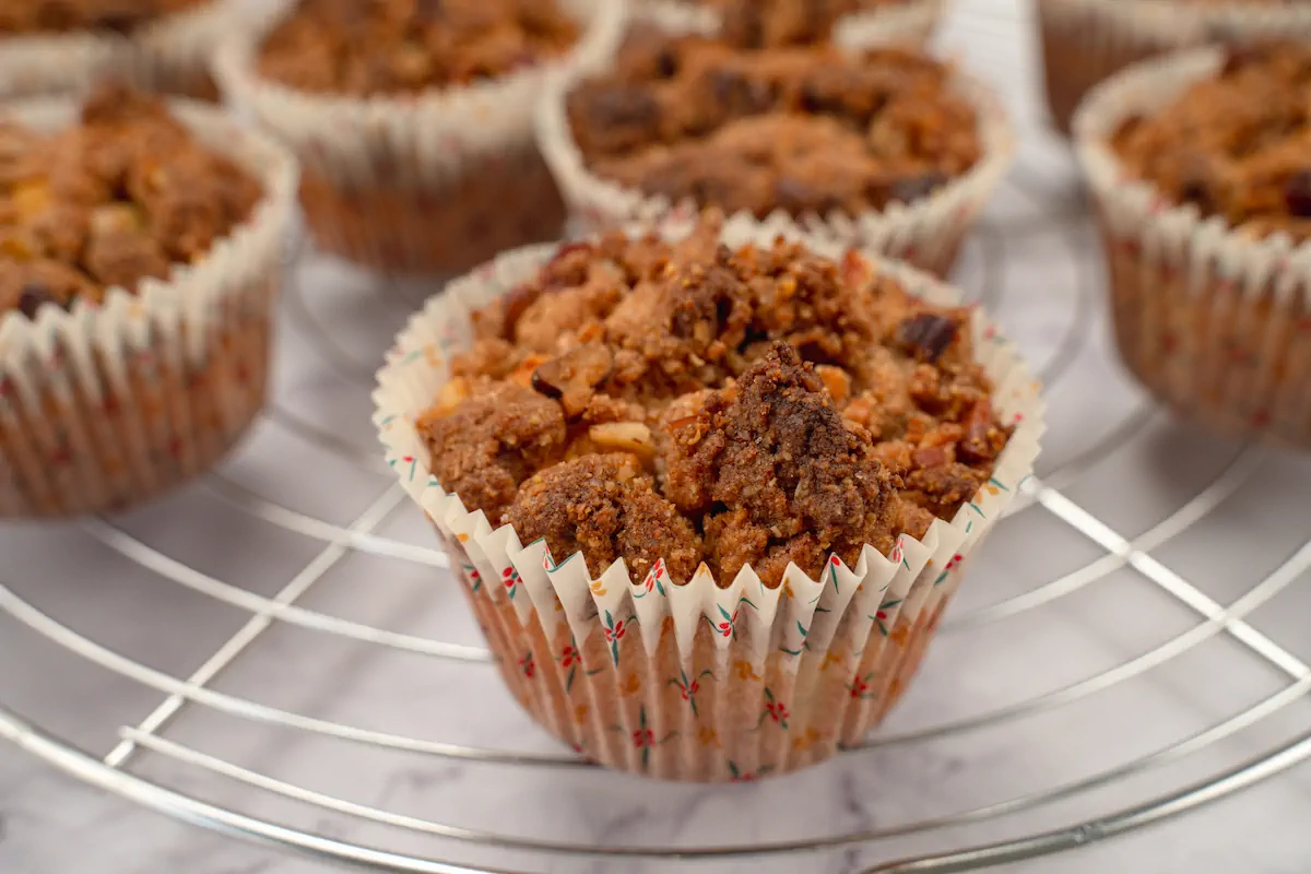 An up-close image of sugar-free almond flour muffins among other such muffins.