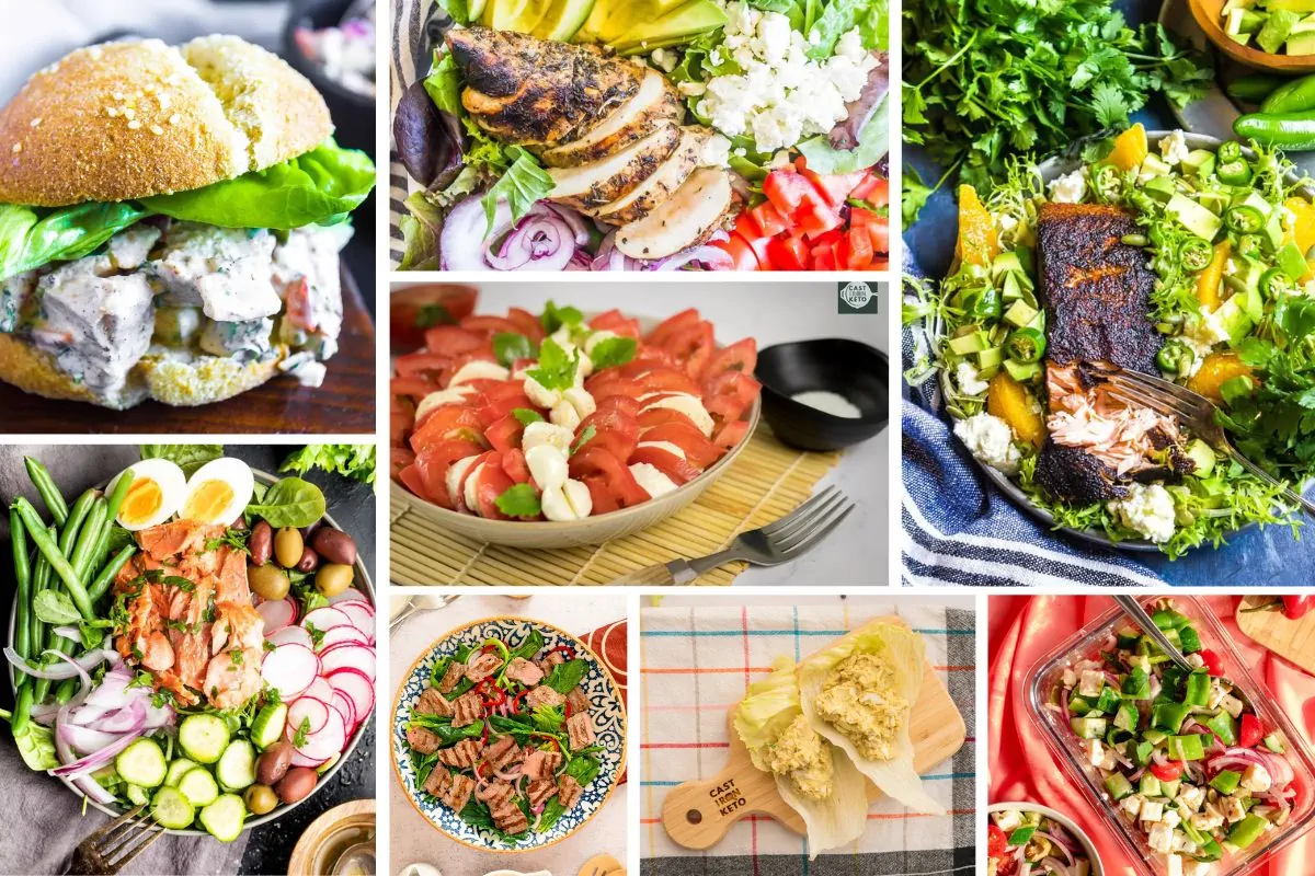 A photo collages of a variety of keto salads.