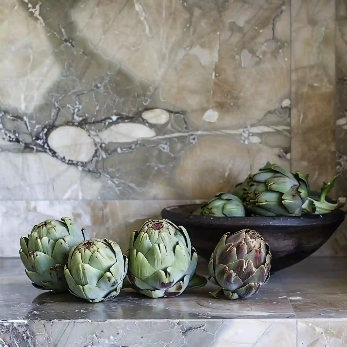 Artichokes on a kitchen counter