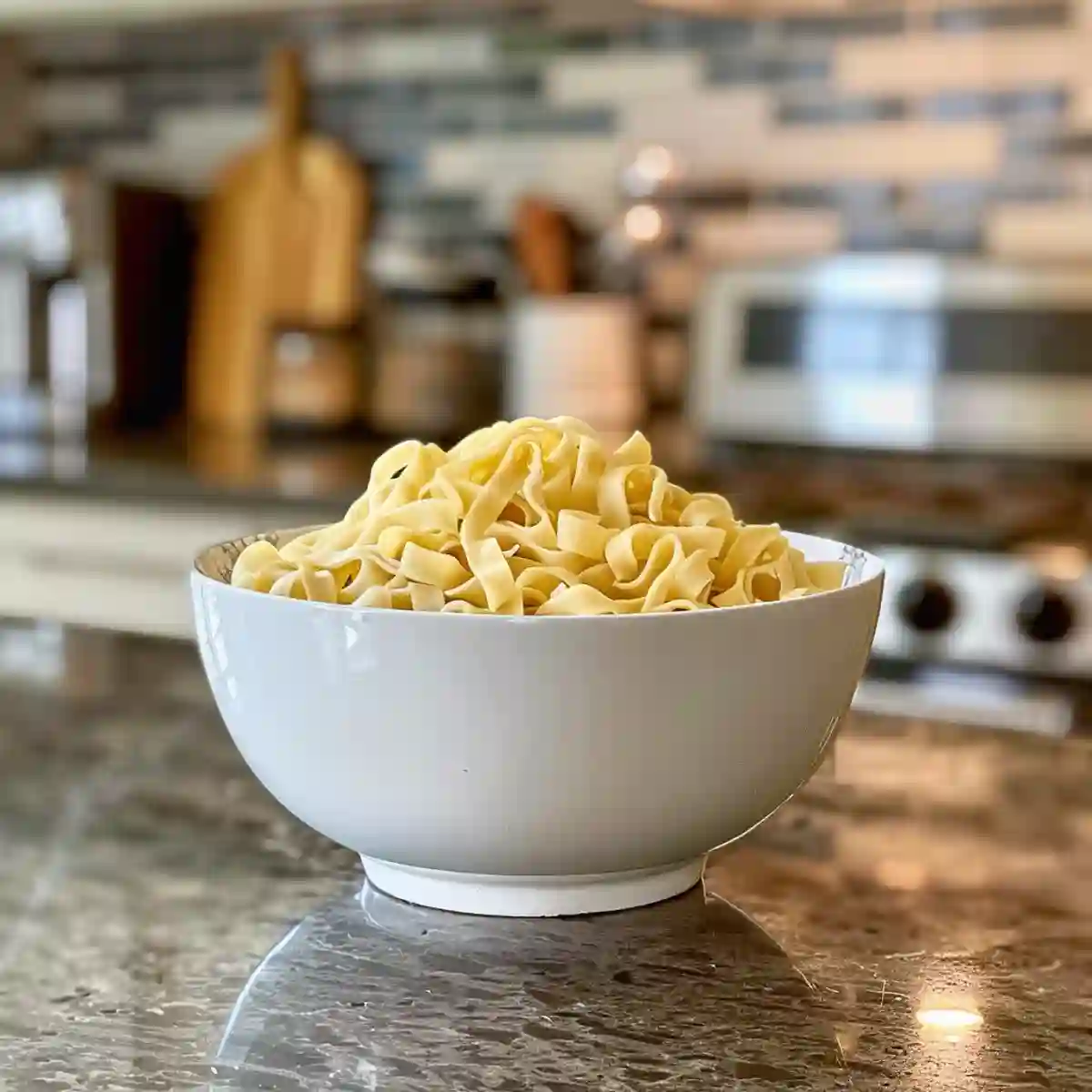 Egg Noodles on a kitchen counter