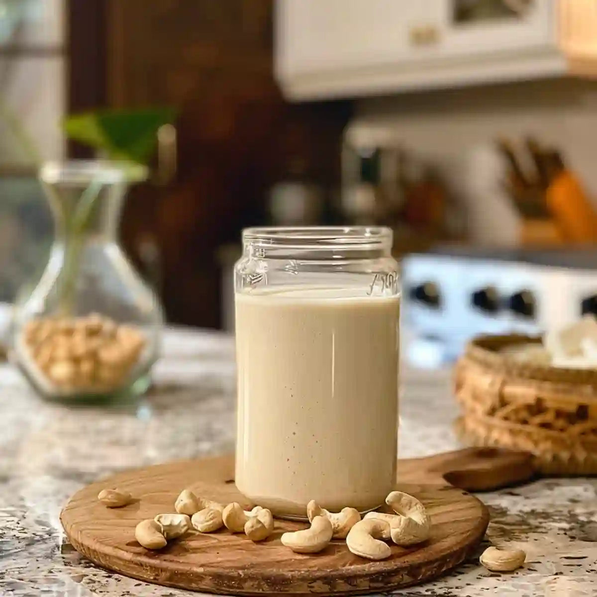 Cashew Milk on a kitchen counter