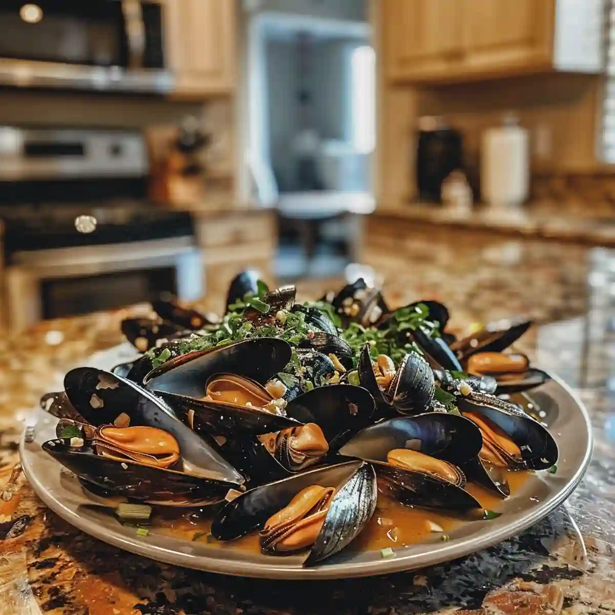 Mussels on a kitchen counter