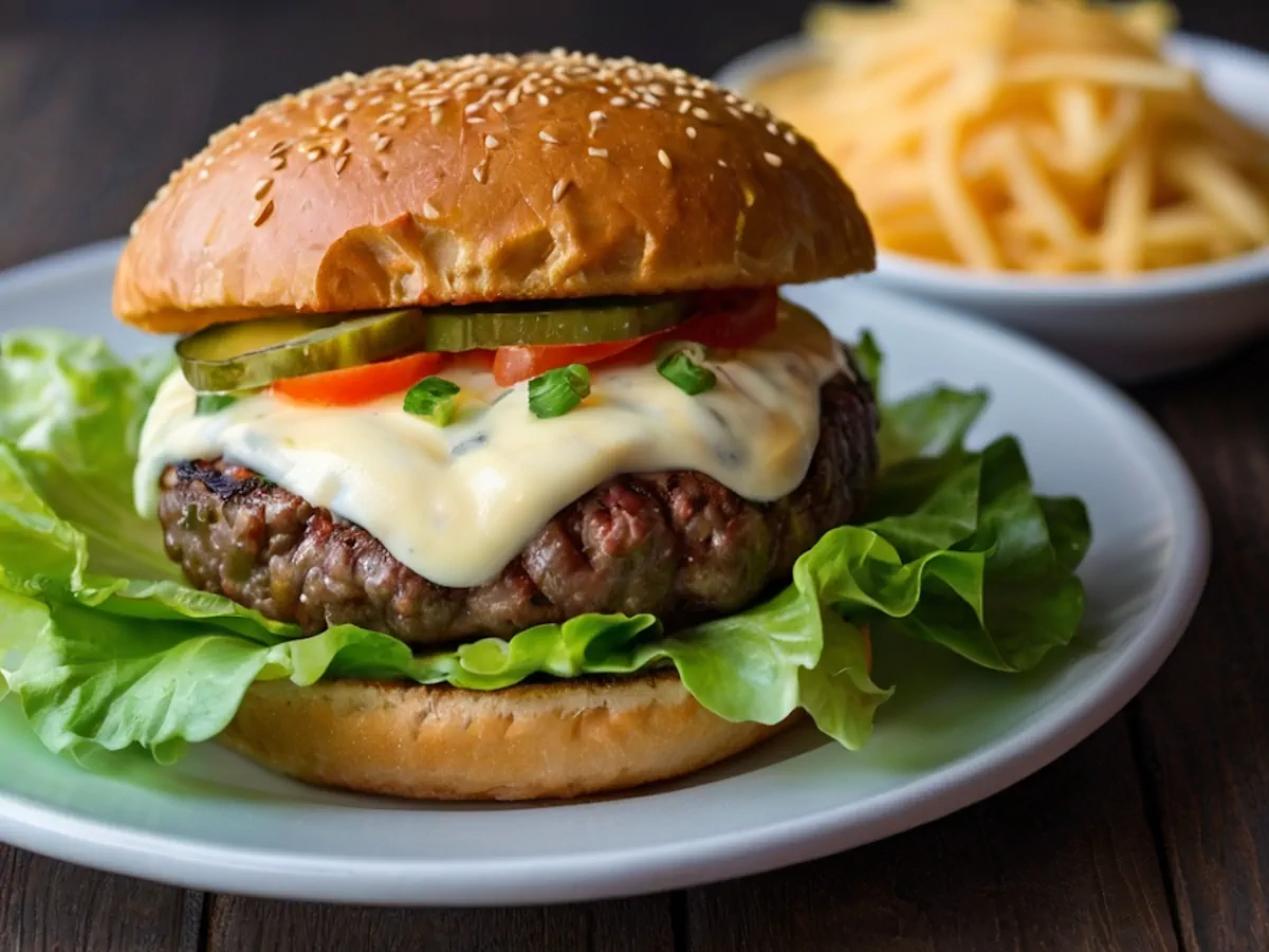 A beef patty between sesame seed buns with sauce, accompanied by a side of fries.