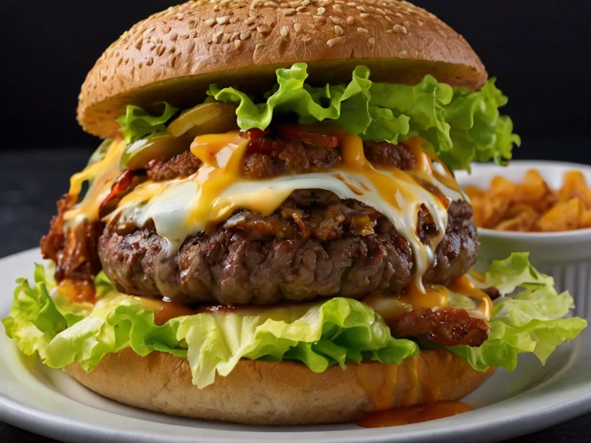 A beef patty between sesame seed buns with melted cheese