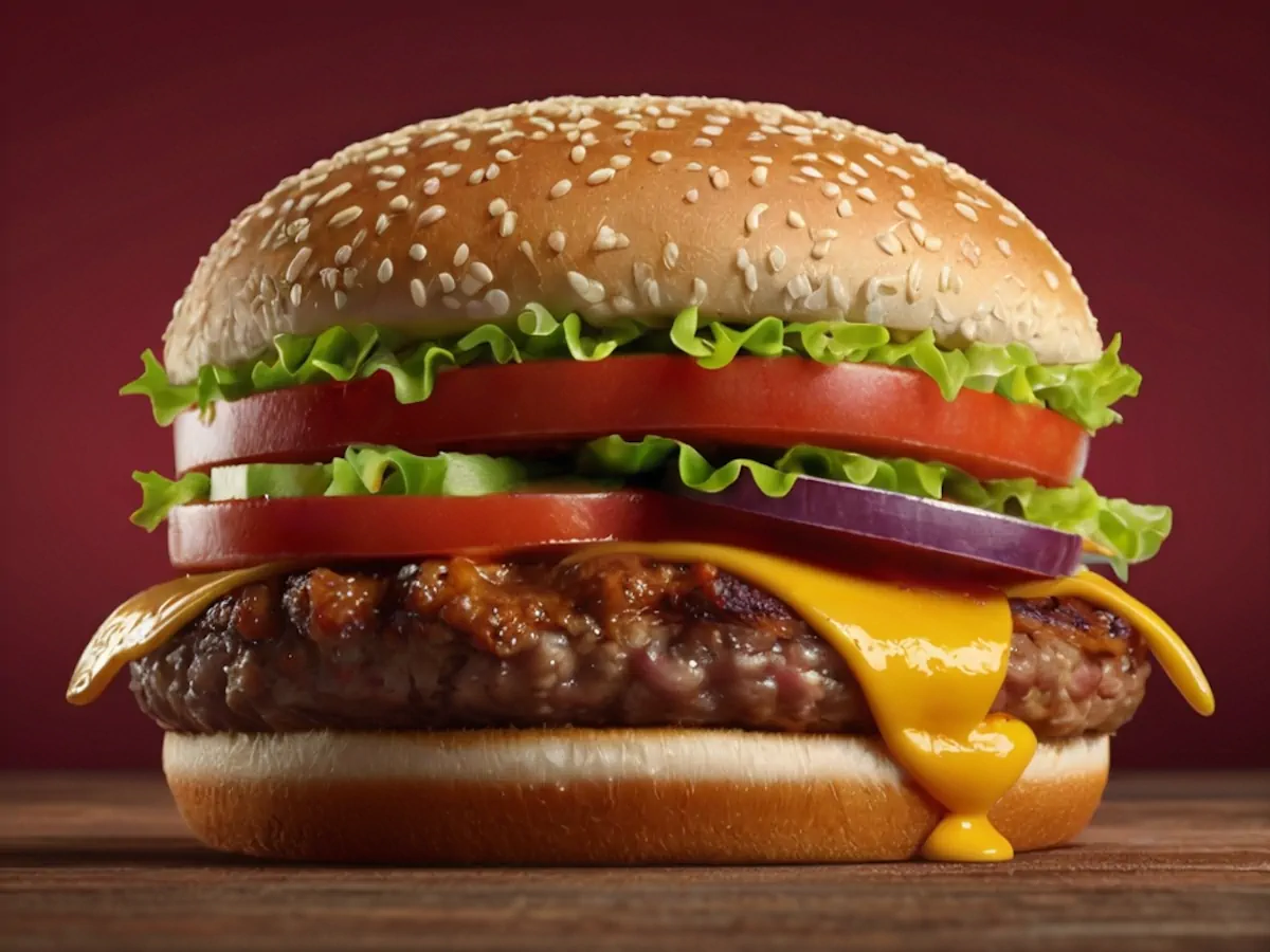 A single patty burger where melted cheese is oozing out of the burger.