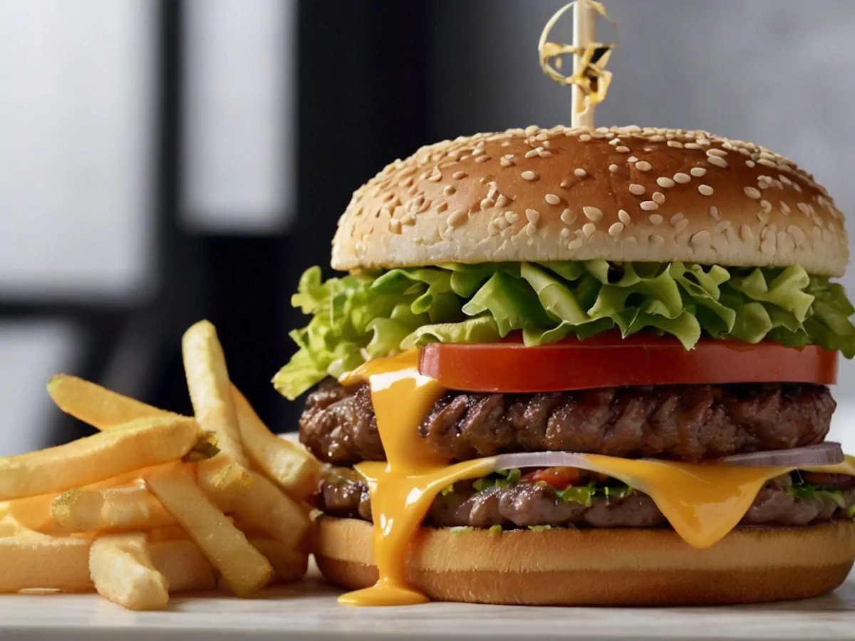 A double patty burger served with fries.