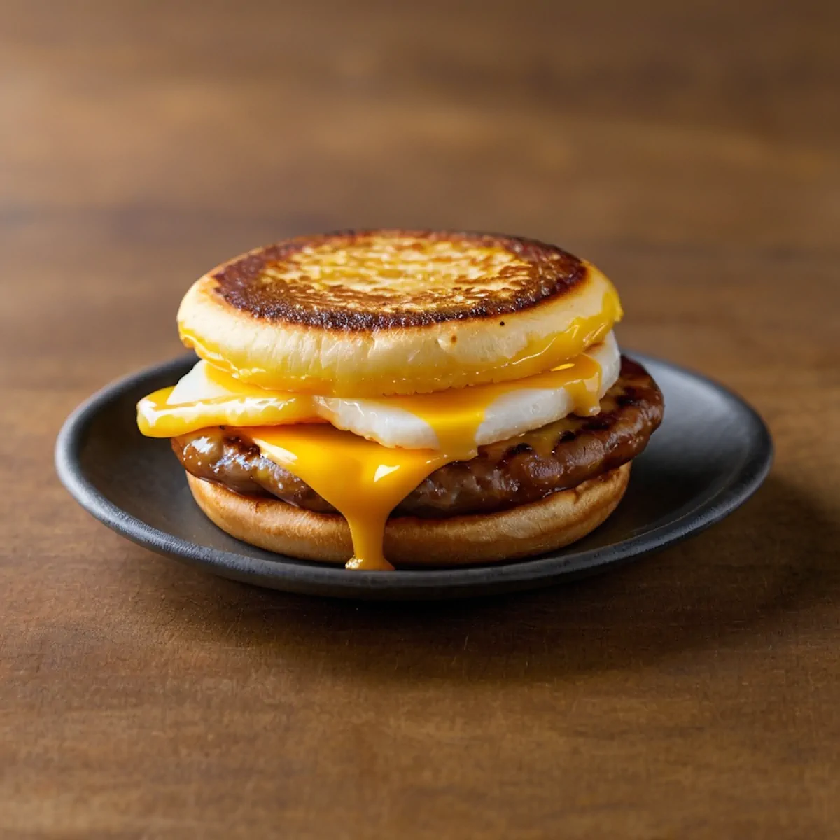 Egg mcmuffin served on a black plate.
