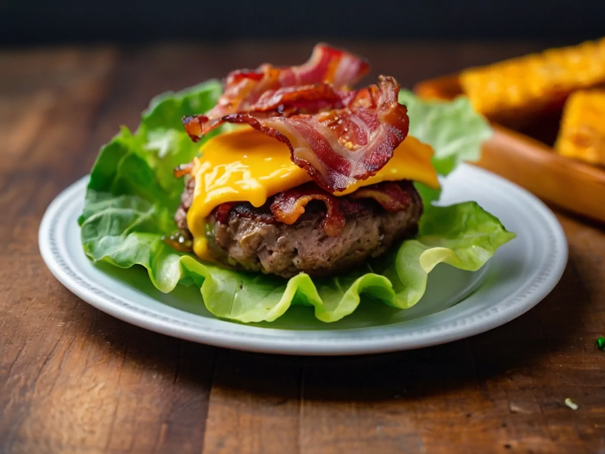 A juicy meat patty served on a crisp lettuce leaf, topped with melted cheese and crispy bacon bits served on a plate.