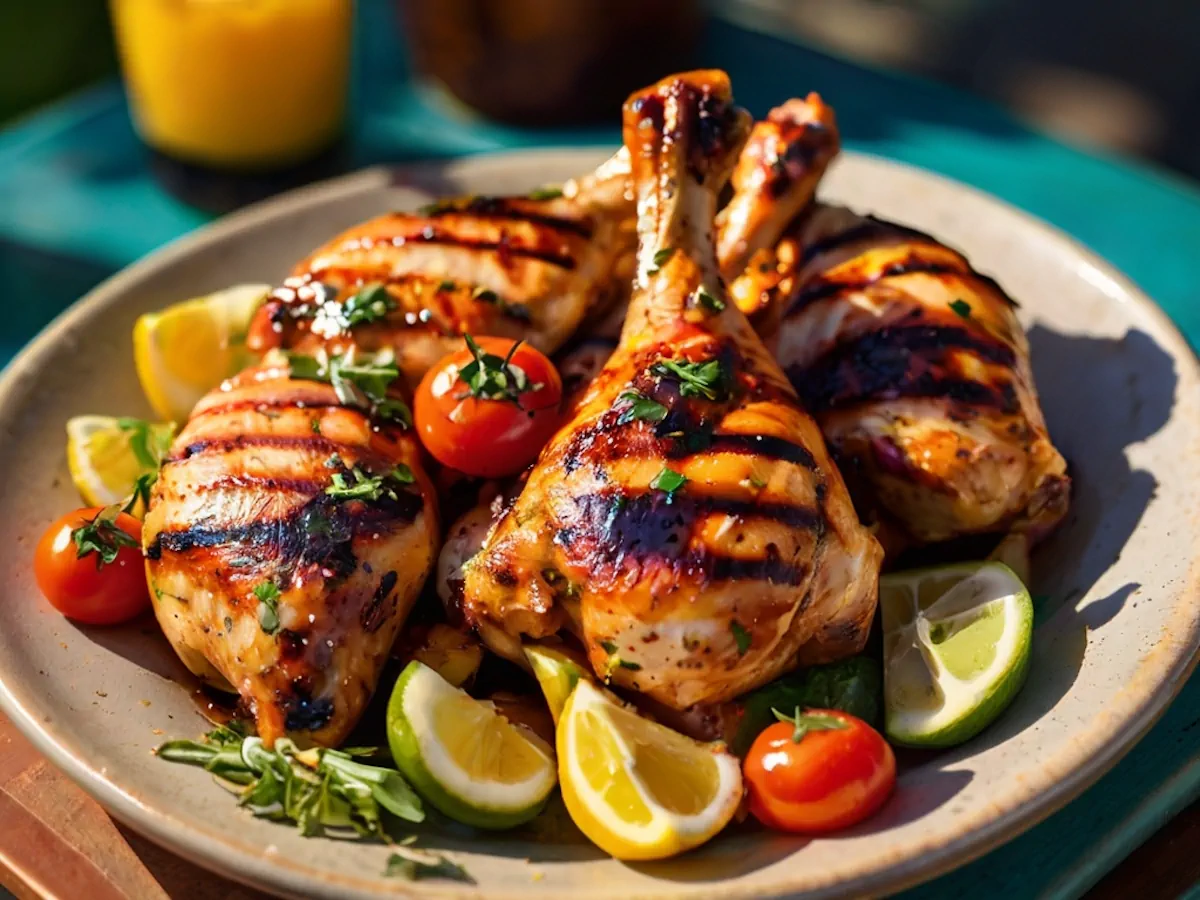 Grilled chicken with black grill marks served on a plate.