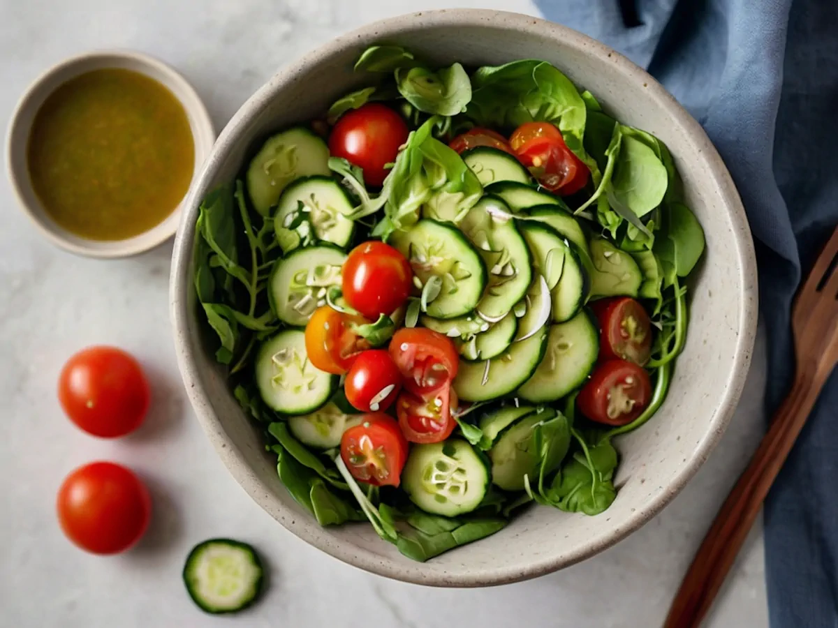 A keto salad served in a bowl alongside a small bowl of dressing.