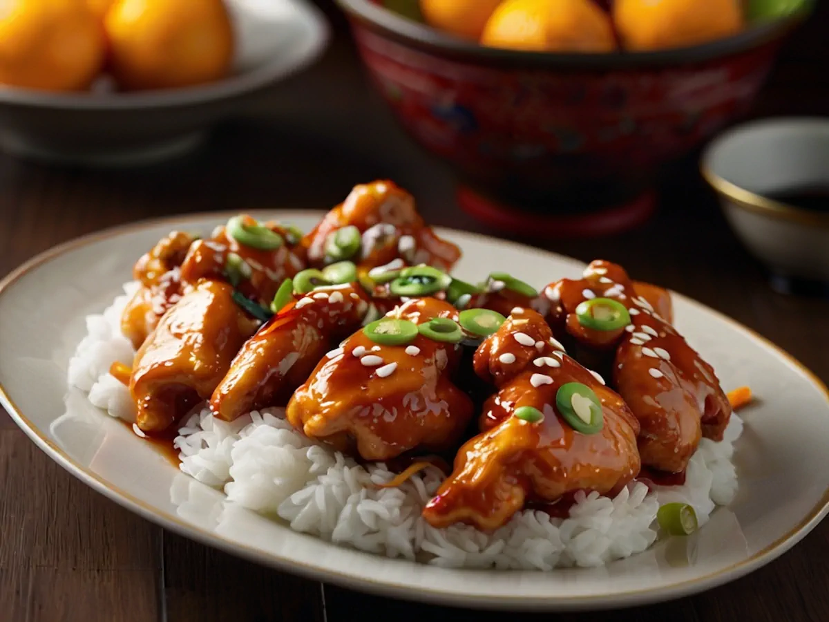 Succulent pieces of chicken on a bed of rice on a plate and garnished with white sesame and thinly sliced green chillies.