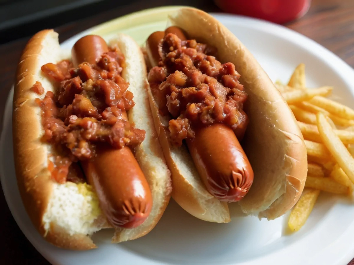 Hot dogs served with fries on a white plate.
