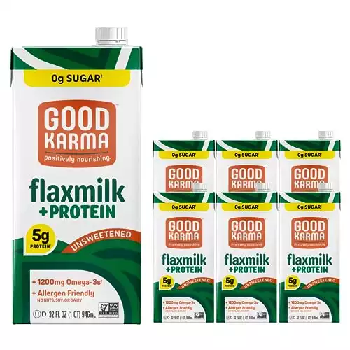 Good Karma Unsweetened Flaxmilk +Protein, 32 Ounce (Pack of 6)