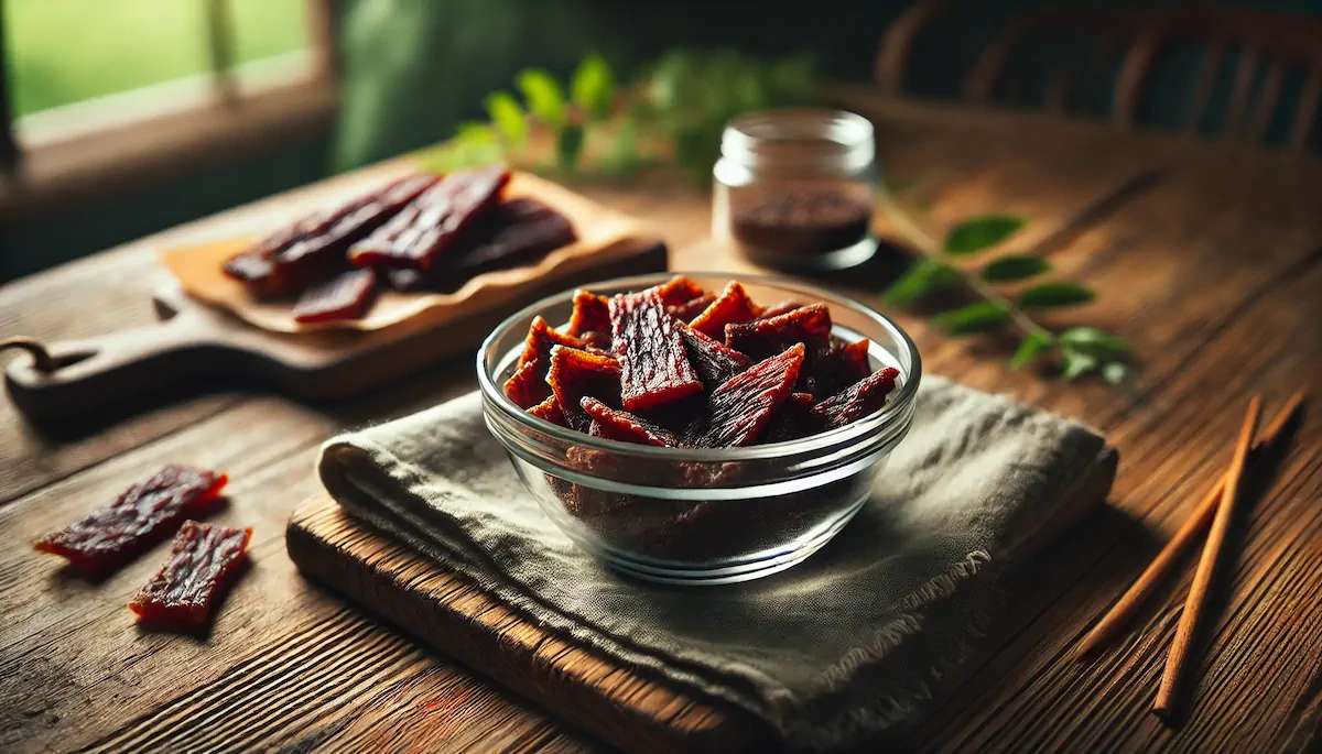Beef jerky served in a square glass bowl.