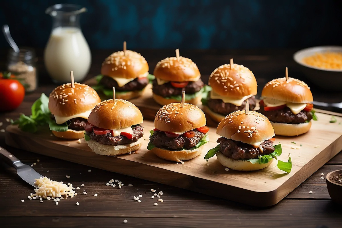 A tray of sliders with sesame seed buns.