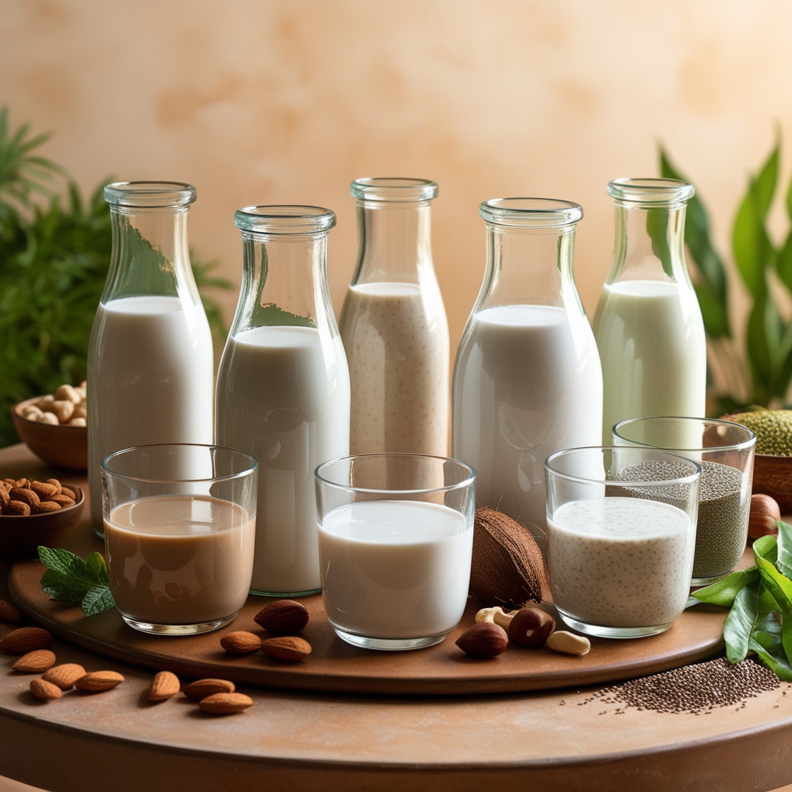  Milk bottles on wooden table with a plant in the background.