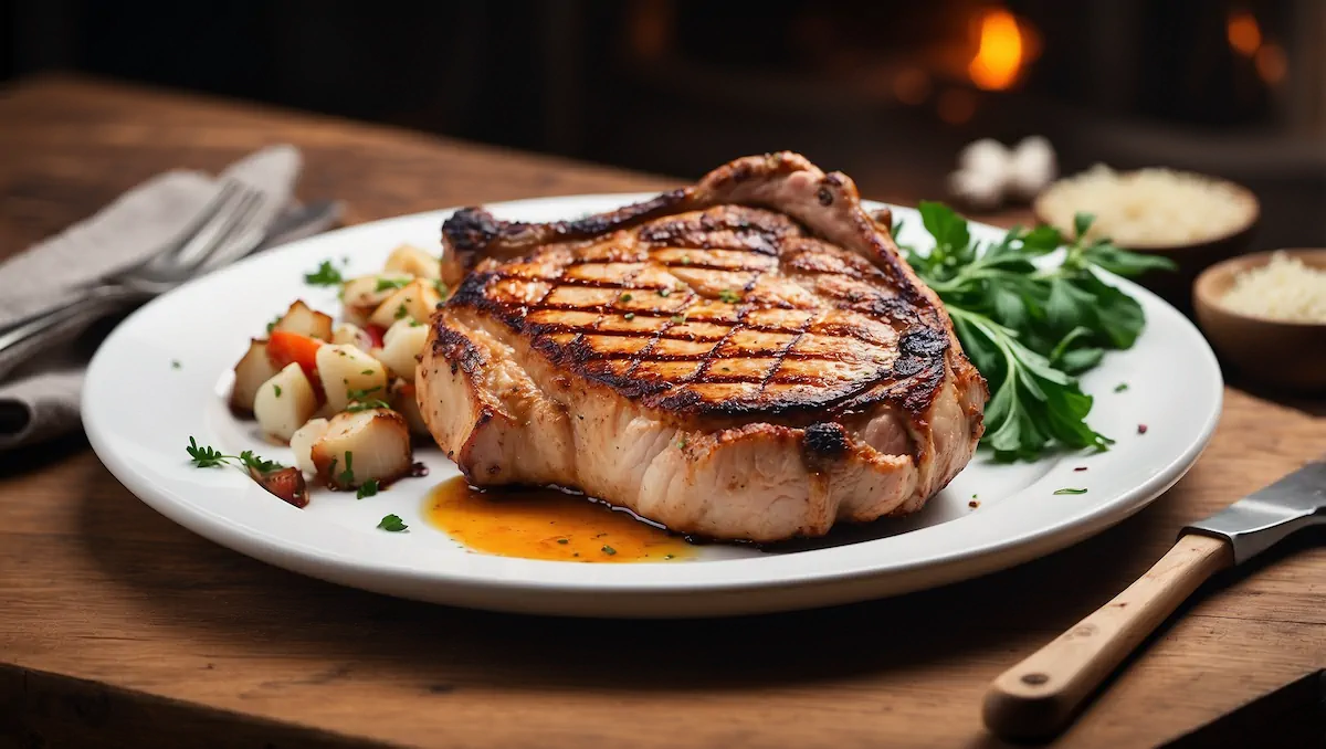 Grilled pork chops with distinct grill marks served on a white plate.