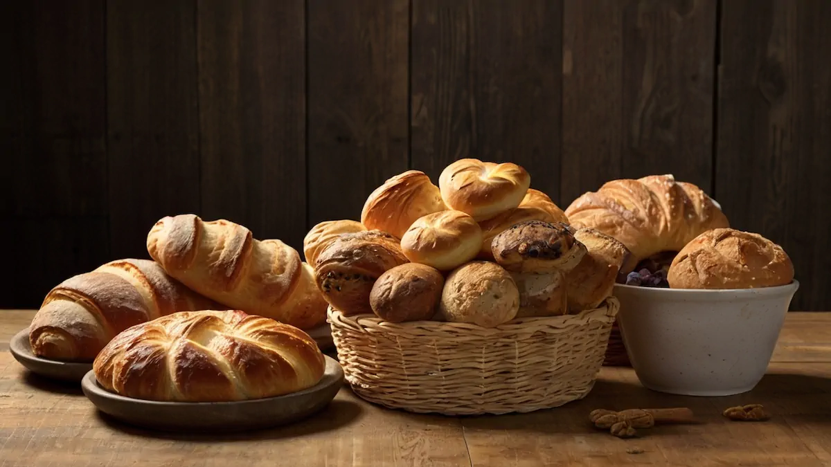 A wide spread of bakery items in different baskets.