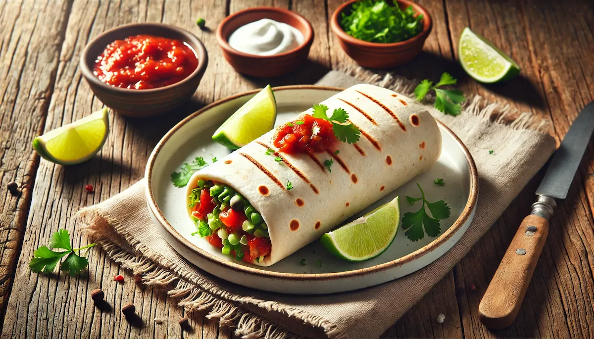 A burrito served on a plate with lemon wedges and garnished with cilantro leaves.