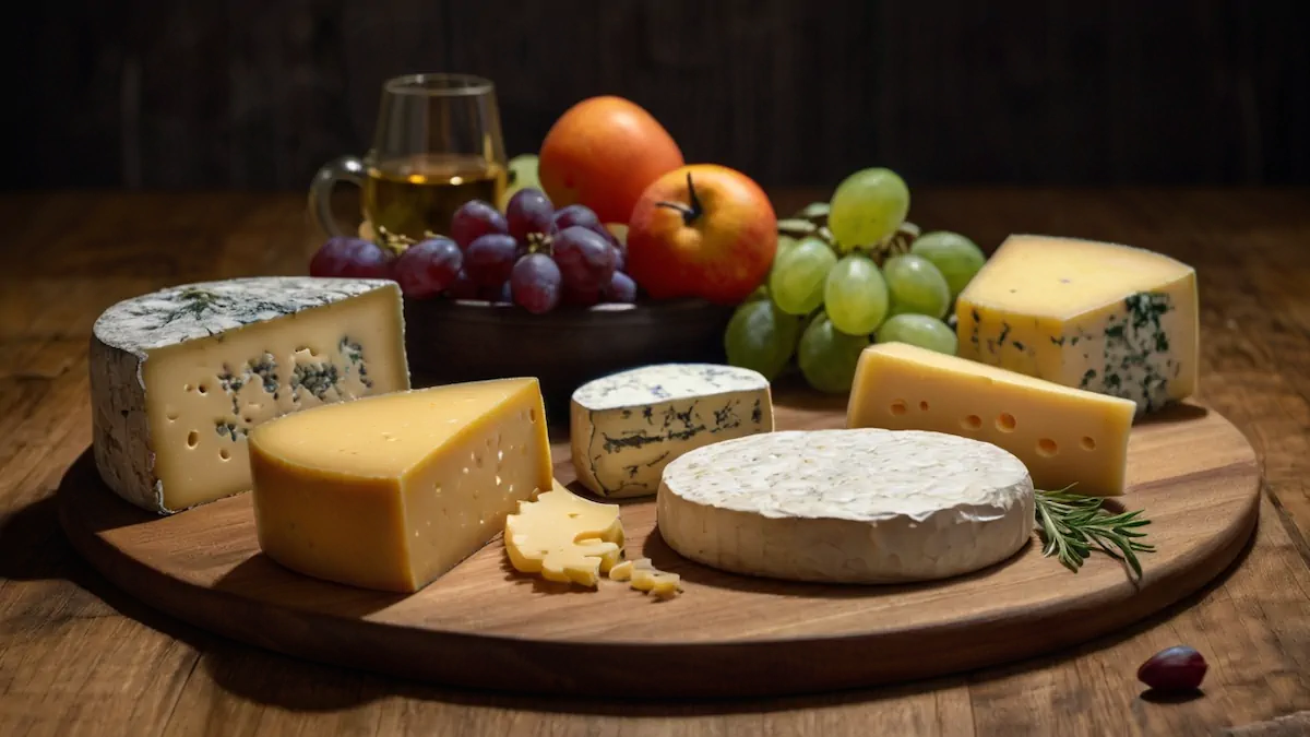 An up close view of different types of cheese on a circular wooden board with some fruits.