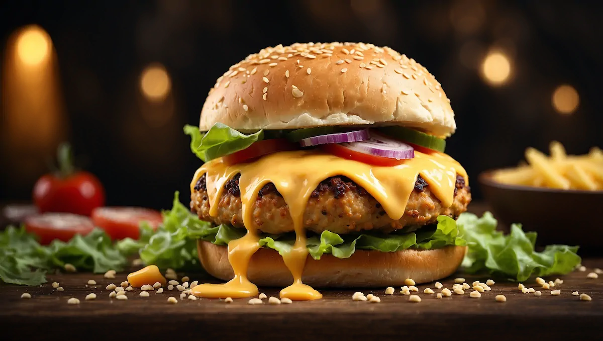 A close up shot of chicken burger with sesame bun and melted cheese.