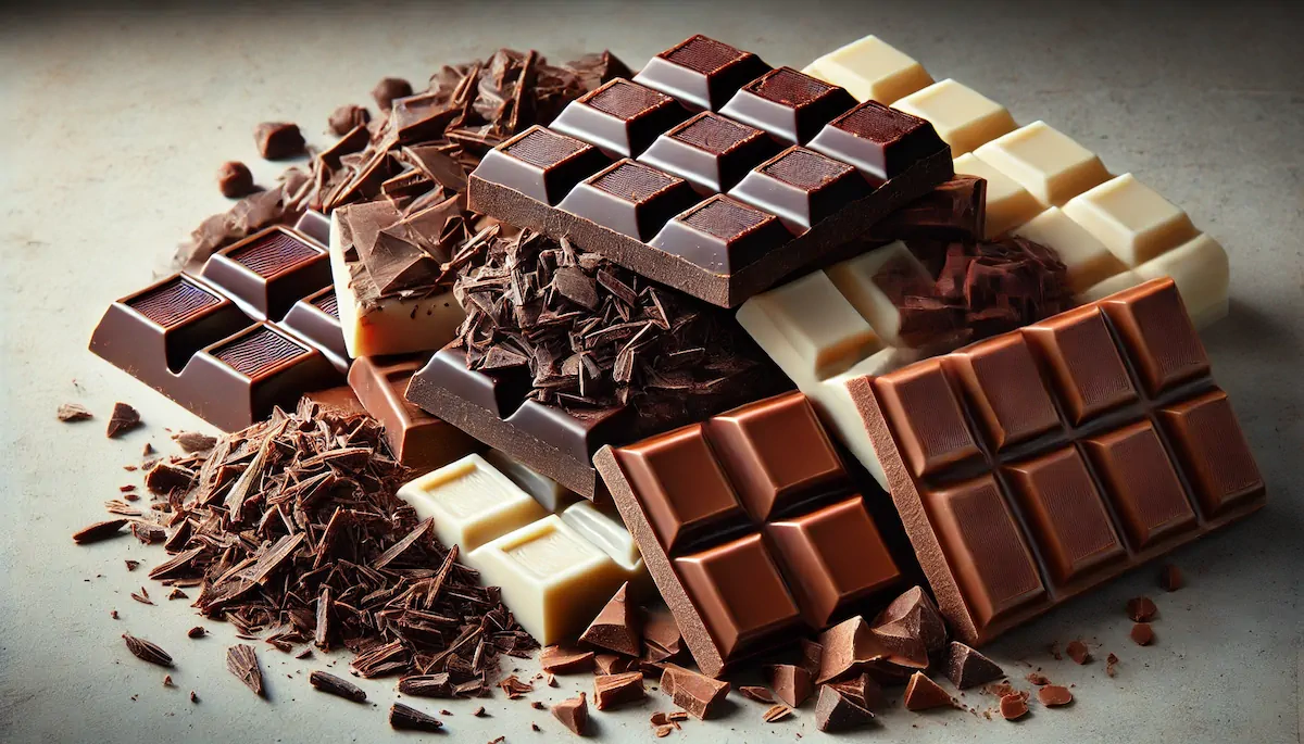 An up-close picture of chopped dark, white and milk chocolate showing the texture.