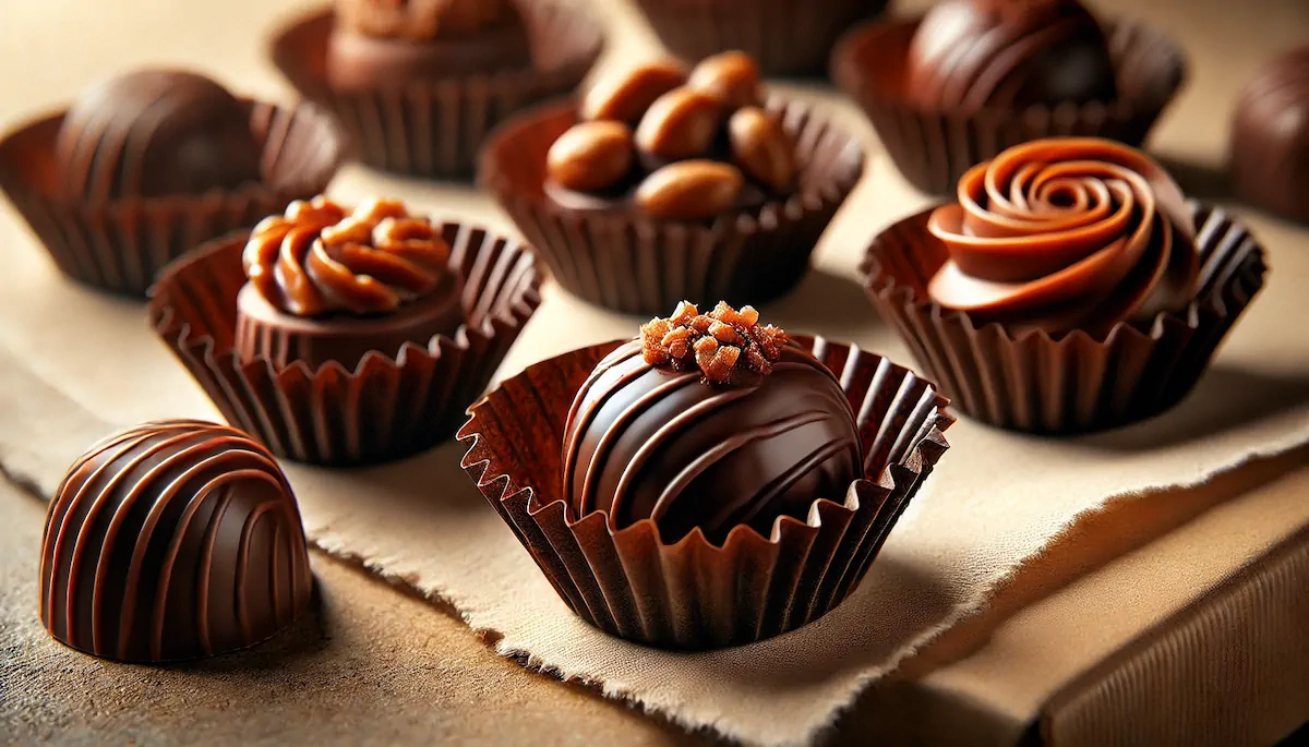 A close-up shot of praline chocolate sweets in chocolate paper liners.
