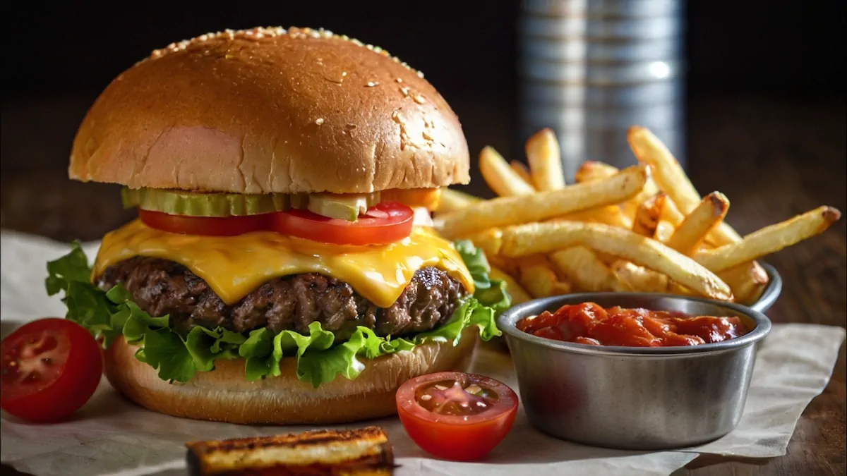 An close-up shot of two classic burger served alongside French fries and condiments on a wooden board lined with parchment paper.