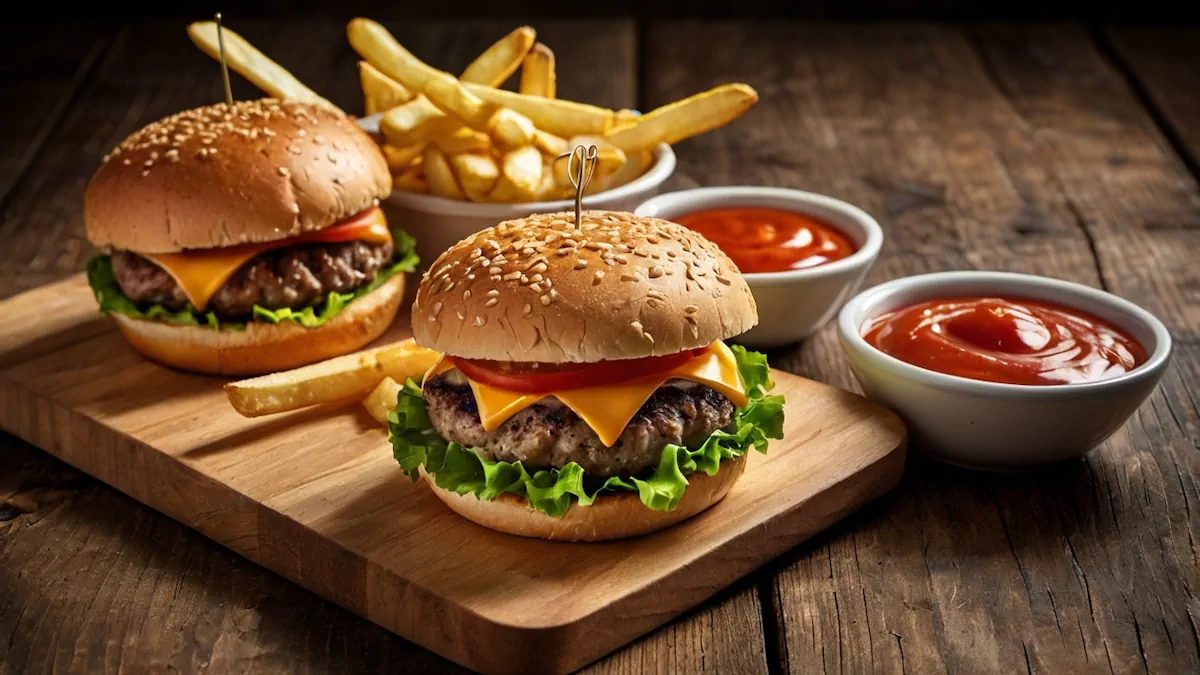 An overhead shot of classic burgers served with fries, accompanied by sauces in two separate bowls.