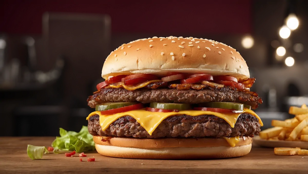 A burger stacked with two layers of beef patties, bacon, cheese and pickles served alongside some French fries.