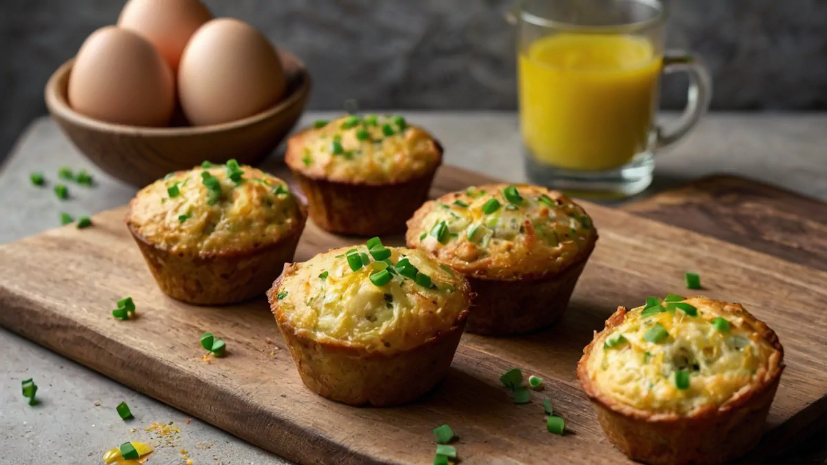 Egg bites served on a rustic wooden board and garnished with chopped spring onions.