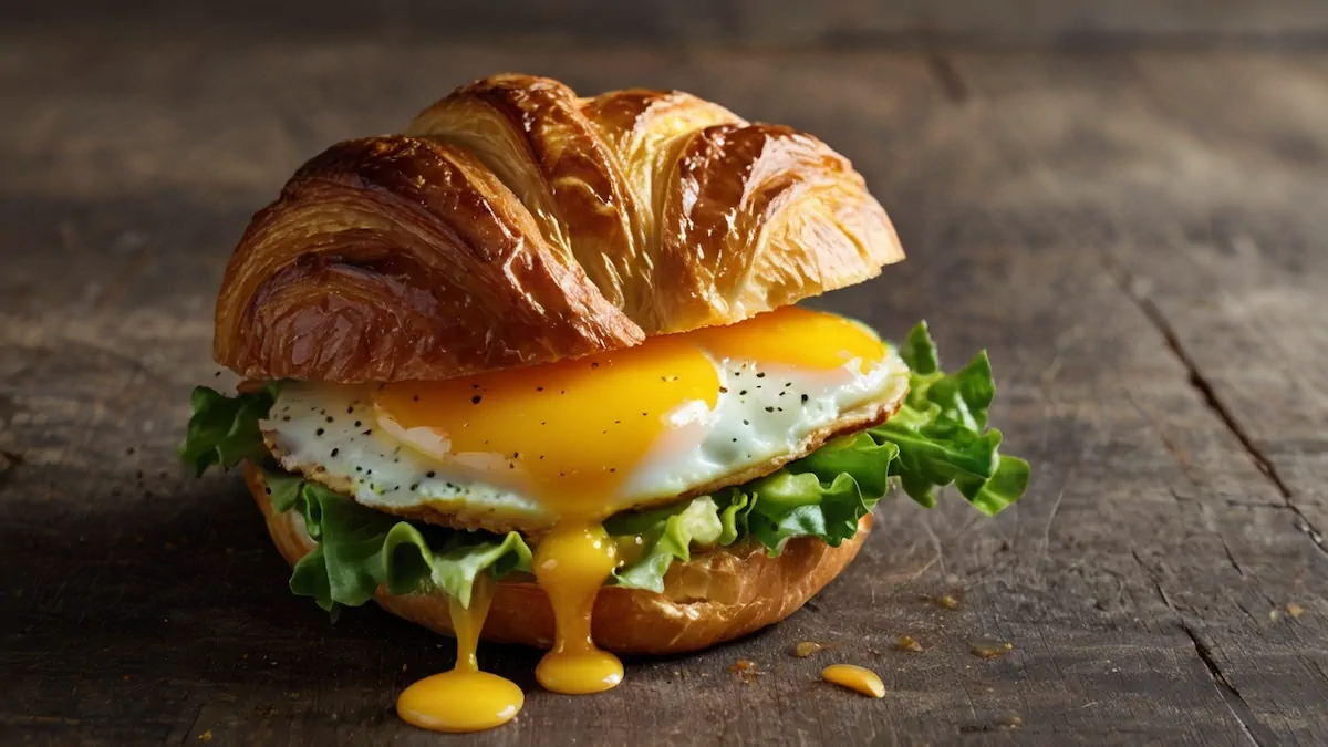 A patty, eggs, cheese, and lettuce layered between a flaky French croissant.